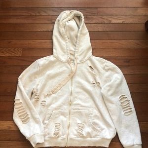 Ripped zip up hoodie with gold zipper